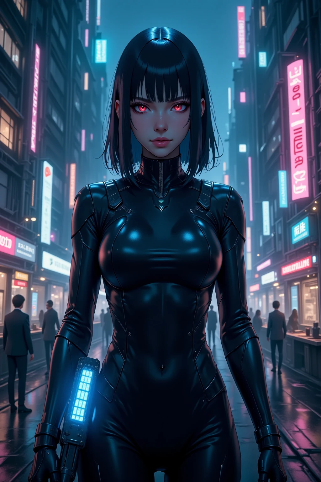 A cyberpunk-themed image featuring a female figure in a sleek black futuristic outfit, holding a glowing blue sci-fi weapon. The background depicts ahigh quality, detailed, cinematic, photorealistic, 8K, octane render, concept art, female character, cyberpunk outfit, sleek black futuristic attire, glowing blue sci-fi weapon, dynamic pose, intense expression, moody lighting, neon cityscape, skyscrapers,  rainy atmosphere, reflective surfaces, atmospheric fog, industrial elements