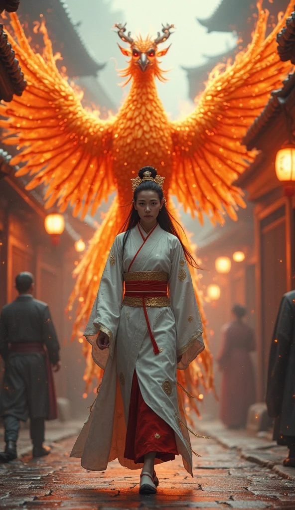 A powerful, cinematic fantasy scene set in a traditional Japanese street during a cold, misty day. In the center foreground walks a striking woman, her expression calm, regal, and unwavering. She wears an elegant white and silver kimono with subtle patterns and a red obi sash. The sleeves and hem of her garment flow gracefully as she walks, conveying both grace and authority. Her long black hair is adorned with golden hair ornaments, and a delicate crown-like piece rests atop her head.
Behind her, a massive, mythical fire phoenix with blazing orange and gold feathers spreads its wings wide, towering over her like a divine guardian. The creature’s eyes glow with intense fire, and its feathers radiate heat and light, creating a stark contrast with the cool, bluish tones of the misty street.
The narrow alley is filled with people blurred into the background, casting glances of awe and fear. Japanese lanterns hang along the sides of the street, glowing softly in the smoky atmosphere. The lighting is a mix of cool ambient hues and the warm, dramatic flare from the phoenix’s fire, which subtly reflects off the stone street and the folds of the woman’s kimono.