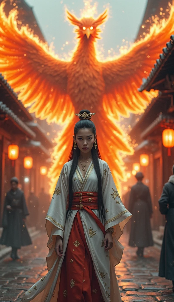 A powerful, cinematic fantasy scene set in a traditional Japanese street during a cold, misty day. In the center foreground walks a striking woman, her expression calm, regal, and unwavering. She wears an elegant white and silver kimono with subtle patterns and a red obi sash. The sleeves and hem of her garment flow gracefully as she walks, conveying both grace and authority. Her long black hair is adorned with golden hair ornaments, and a delicate crown-like piece rests atop her head.
Behind her, a massive, mythical fire phoenix with blazing orange and gold feathers spreads its wings wide, towering over her like a divine guardian. The creature’s eyes glow with intense fire, and its feathers radiate heat and light, creating a stark contrast with the cool, bluish tones of the misty street.
The narrow alley is filled with people blurred into the background, casting glances of awe and fear. Japanese lanterns hang along the sides of the street, glowing softly in the smoky atmosphere. The lighting is a mix of cool ambient hues and the warm, dramatic flare from the phoenix’s fire, which subtly reflects off the stone street and the folds of the woman’s kimono.