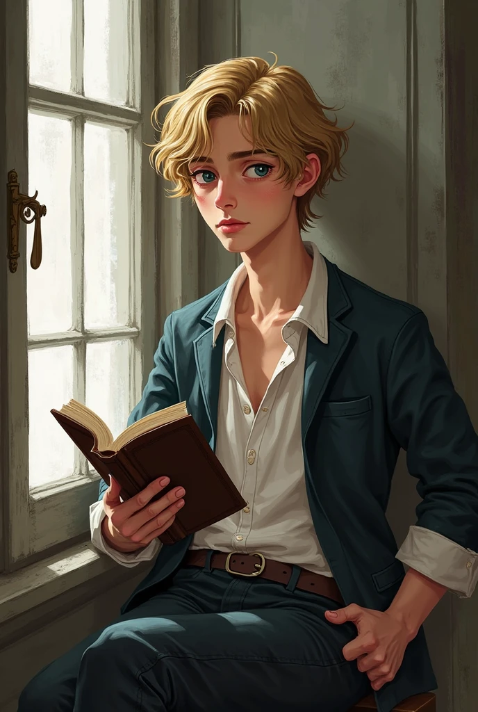 Homem jovem, Corpo magro, meio esguio, with long arms and legs
Eye color and shape: dark blue eyes , narrow
Features of hair:  a little above the shoulders , wavy and medium blonde
Facial expression at the time of the scene: Boredom, disinterest
Clothing style (What is wearing, cores, footwear, tecidos, etc): Light-colored clothing, that refer to the 17th century, leaning against a window with a book in hand, digital illustration
