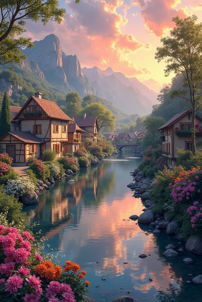 a small village by the river, mountains in the background, floral flowers colorful, detailed landscape, Beautiful natural landscapes, atmospheric lighting, scorching sunset, warm colours, practical, photopractical, Detailed Foliage, complex buildings, cobblestone street, Charming country house, swirly vibrant colors, lush vegetation, Still water reflections, Picturesque, idyllic, work of art, best qualityer, 8k, extremely detaild,anime styling
