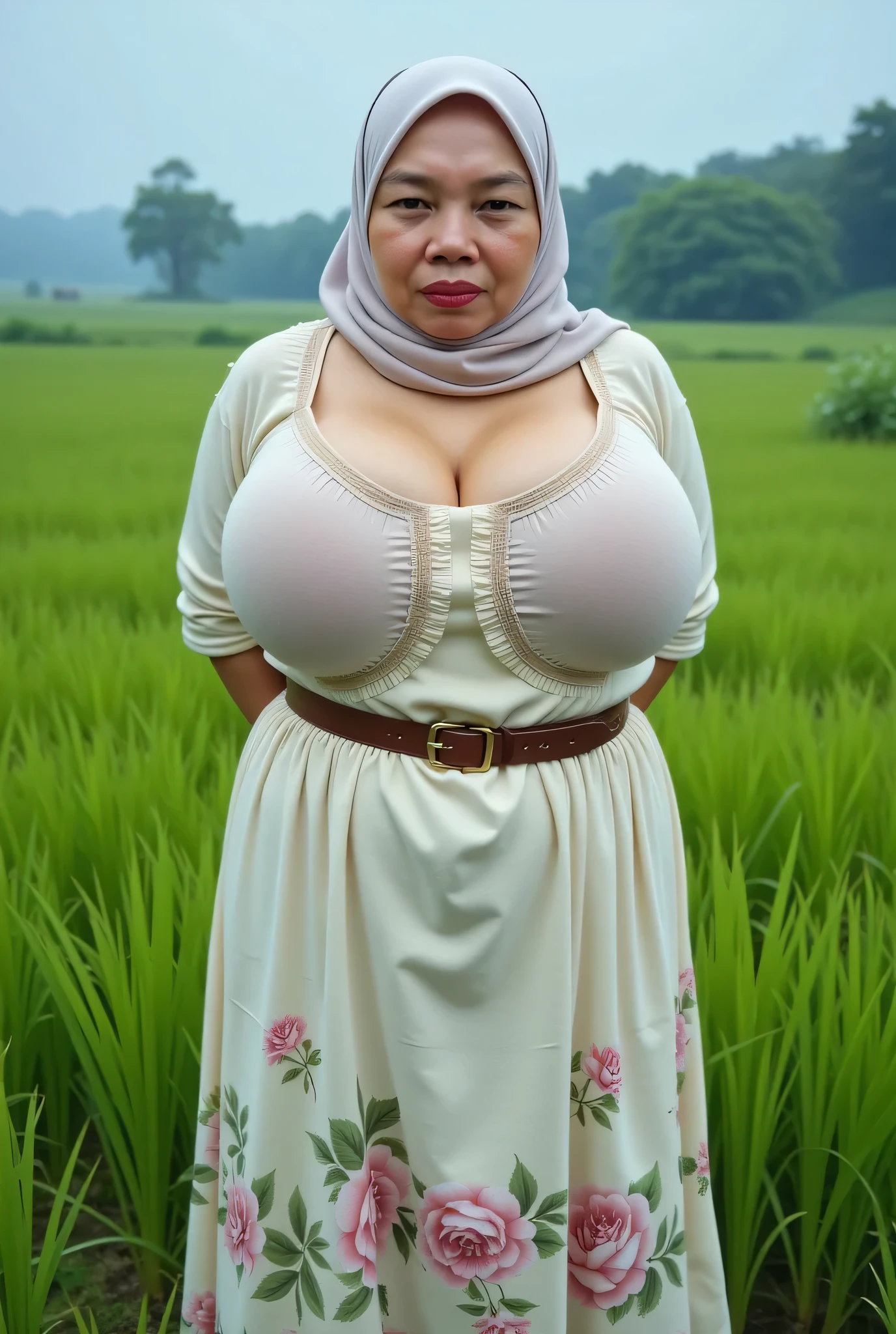 (OLD AUNTY), Mouth tied with Ship rope, Large sagging breasts, (Shiny Breasts:5.24), (plump plump) hijab hijab hijab hijab, (Photorealistic:1.6) Indonesian hijab dry aunty wear bra and (), Green background rice paddy. daytime atmosphere, hands behind back while legs astride, Look from the front you are stupid!, wearing Detailed Fully flora print white (velvet) ruffle Open chest tight dress, (Wearing a leather belt with a copper buckle) (rolling eyes:2), (puffed cheeks:2), awan & langit kebiru biaruan. (PLUMPERS), (CLOTHES WITH SLITS SHOWING THIGHS)