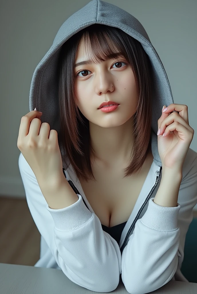 1 girl, alone, alone focus, Cowboy Shot, Portraiture, Small size hoodie, Aqua green and white hoodie:1.4, Half watercolor, Half Green, ((Brown Hair)), (Short Bob Hair、Gradient Hair :1.5), Curly Hair, ((Pink Eyes)), Very detailedな目, Sunburn, (Dark Caramel Skin:1.1、{Huge|big|Hugeな|Mega} chest:2, chestの谷間:2、Attractive and beautiful woman、Happy smiling face with mouth closed), highest quality, Very detailed, so beautiful、White Background, Simple Background