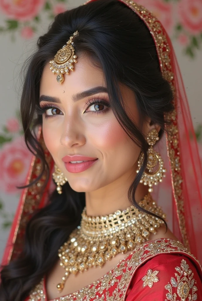Create a 3D illustration of A 20 year-old girl wearing pakistani Bridel dress in red color with beautiful bridal makup like kashee's artist salon mAkup & beautiful jewelry  only  her face , full head & half body i want her image for a beauty salon bridel makup service ads. Her makup is perfect & beautiful she is looking soo beautiful & beckground thame is luxery gulter  c green don't show her body 