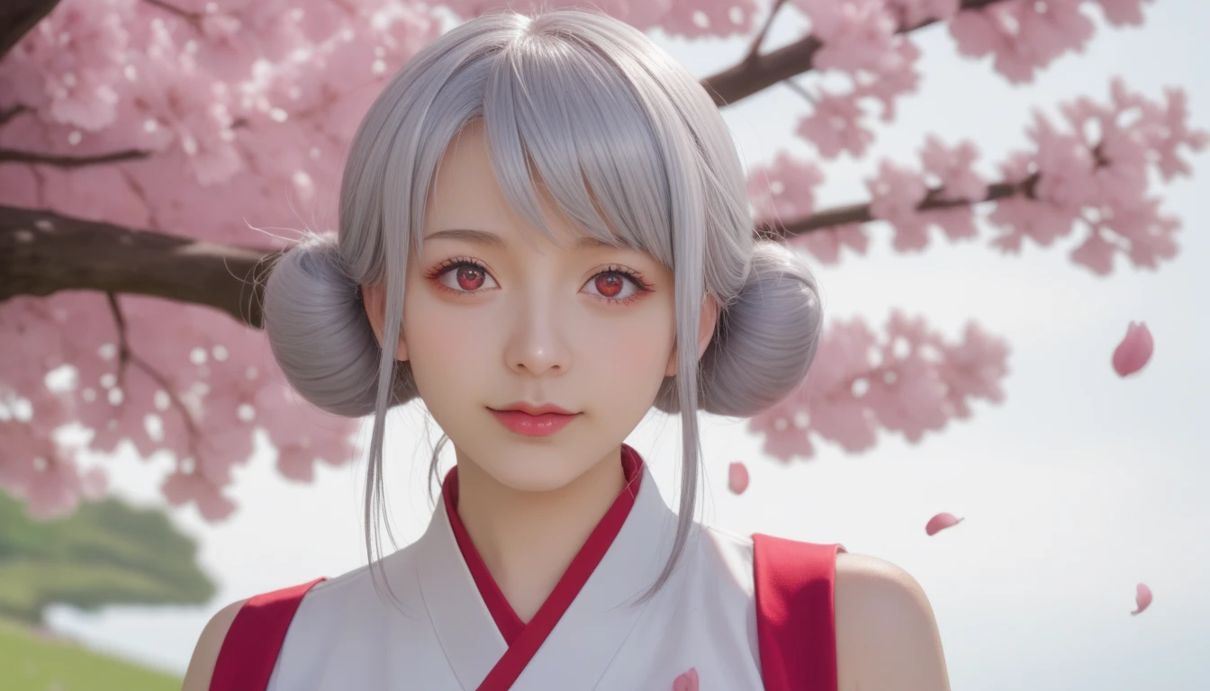 超high resolutionでアニメイラストを作成する (8K Ultra HD)  in amazingly detailed, beautiful and vivid colors .  illustration should be 、 it's an anime girl with eye-catching silver hair ,  embellished with , and、 Partially covering bangs , bloody eyes.  She needs to exude a yandere attitude ,  strokes .

 The setting is under a picturesque cherry tree during the daytime .  cherry blossoms should be in full bloom ,  creates a beautiful yet eerie contrast with the girl's uneasy expression .  there must be fluffy clouds in the sky , people on the background々The focus of the ,  I'm not aware of the girl's existence , day々Life of .

The scene is、It should take place in a quiet, windy environment with lush green grass and birds flying in the distance.  The wind should gently shake the girl's hair and cherry blossoms ,  expressing disturbing obsessions .

The goal is、captures the essence of a yandere character's obsession in natural beauty、 It's about creating a visually appealing and emotional illustration .  Make sure the image is vivid , high resolution, andHD,  emphasizes both the quiet environment and the girl's disturbing aura .