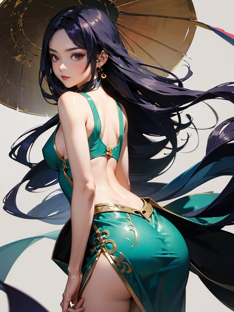 Cheongsam Girl,Long Hair,Pure white background,Depth of written boundary,Low angle view,Calf Level View,Overclocked Renderer,Cinema Lighting,Ultra-fine,Very detailed,complicated,Cinematic Perspective,CG Art,Green Chinese Dress,