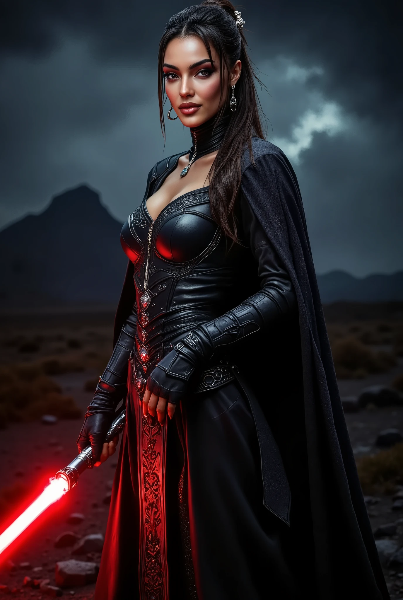 full body shot, female warrior, sith lord, star wars, red lightsaber, intricate details,beautiful detailed eyes, beautiful detailed lips, extremely detailed face, long eyelashes, evil look, diabolic, dramatic lighting, dark fantasy, chiaroscuro, cinematic composition, dramatic pose, dynamic action, moody atmosphere, deep shadows, vibrant colors, photorealistic, 8k, masterpiece