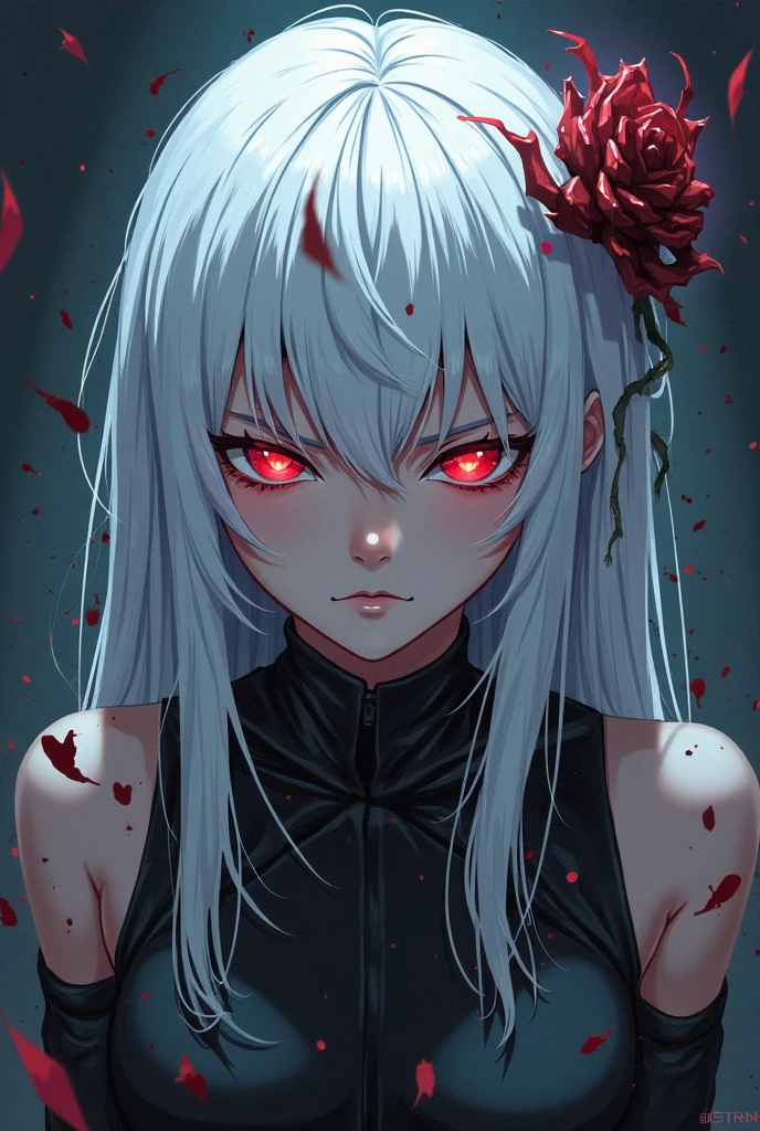 ((masterpiece,best quality, detailed)),1girl, solo, dark sakura, hair ribbon, evil smile, parted lips, empty eyes, white hair,portrait, droplets, flowing, with a splash of paint, paint splash, multicolored, looking at viewer, splatter, bubble, swirling, rim lighting, black and red, red paint, wet