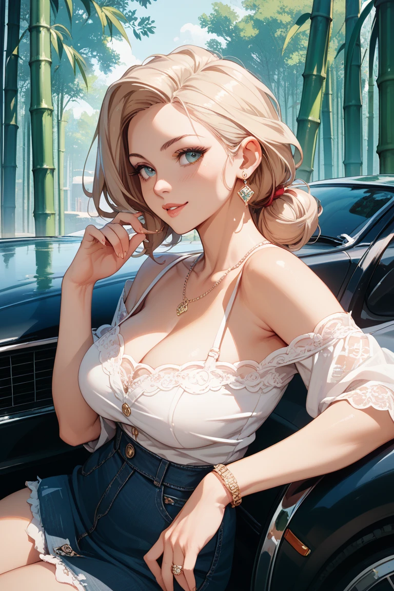 anime of a woman who has a body as white as snow, her name is Chalista, she has a smooth and beautiful face, have a mole on the right cheek, wearing a beautiful and luxurious light blue dress she smiled beautifully and had charming eyes and a sharp nose and pink cheeks and pink lips, blonde hair using luxurious hair accessories and curly eyelashes and thick eyebrows and while riding in a luxury car and her breasts were not big