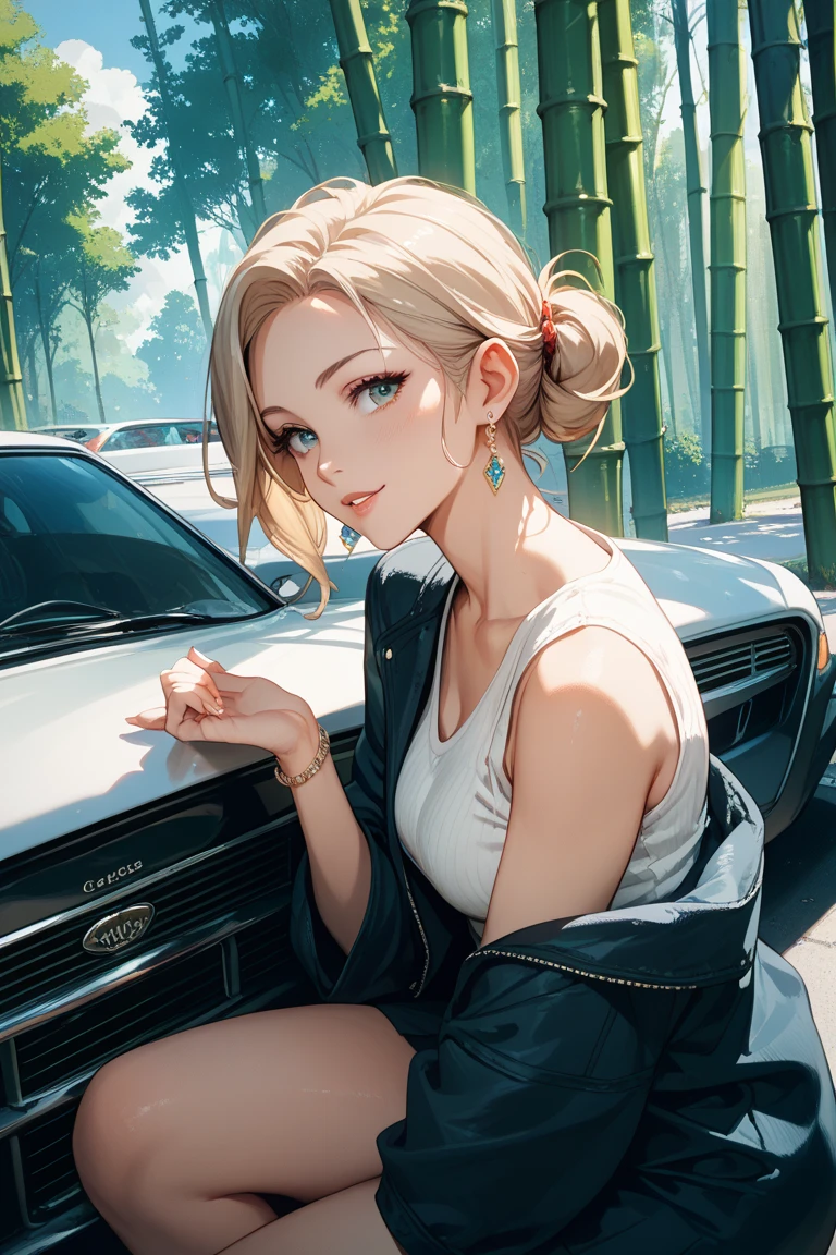 Put a long bamboo sideways on the side of the grandmother in the senior car