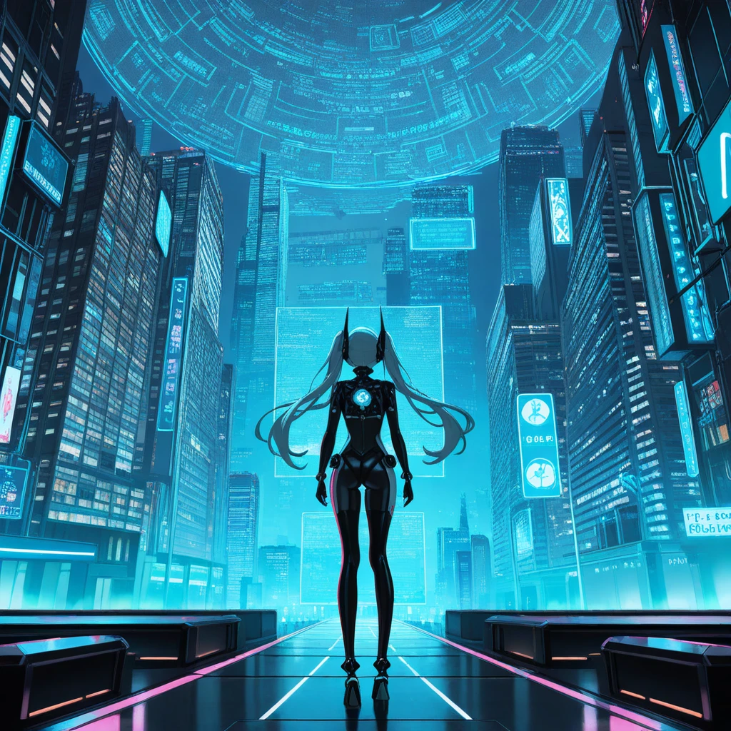  anime-style, thick outlines, cyber-artistic, glossy finish, futuristic and artistic
Scene: a fashion show runway set in a futuristic cityscape, surrounded by holograms, floating screens, neon lights, and tech-based decorations
Characters (models): slim and beautiful cyborg girls of random skin tones, wearing cutting-edge sci-fi swimsuits made of metallic, transparent, or glowing materials, striking confident poses on the runway
Audience: only visible in the foreground, shown from behind, wearing cyber suits or futuristic headgear, watching the show
Background: neon-lit buildings, holographic displays, floating drones capturing the event, digital branding and glowing effects all around