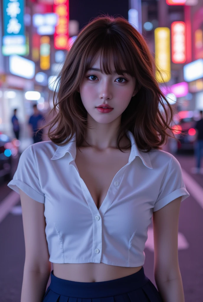   cute girl everyone admires、 pop art-style color photo、eye is drawn to the inner corner :1.37, Extreme realism:1.21,  High resolution  photo :1.21,  high quality pictures:1.21,    high realism    :1.21, ( top quality :1.37), 32K resolution,     :1.5,   are very good and detailed :1.5,   hyperrealism:1.5,   Large file size   :1.5, masterpiece:1.21,  noise reduction :1.5, realistic:1.5, RAW photo:1.5,   beautiful Japanese woman  , Japanese idol、extreme close-up:1.1,  brown hair,  medium long hair  ,   uniform   ,  高校のuniform ,   ,  short sleeve white shirt with collar:1.21,  the 3rd button :1.21,     I can see my stomach,   ネイビーブルーのプリーツ ,  Kabukicho、  Neon City Background      ,    Cinema Lighting,