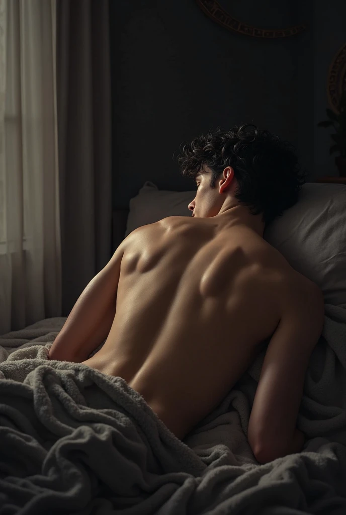 a man, naked the bed room. with bright light. the atmosphere is bright.