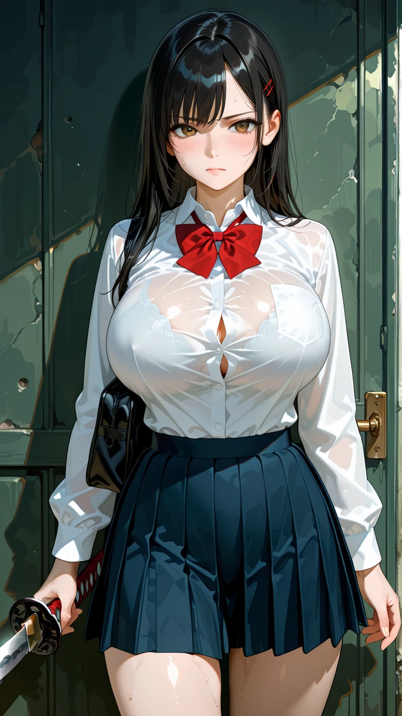 (masterpiece:1.4)、(highest quality:1.4)、ultra high resolution、beautiful features、20 year old woman、Black hair bun hair、gray long sleeve collared shirt、Plaid pleated skirt、black tights、(huge breasts:1.2)、red face、smile、Stand against the wall