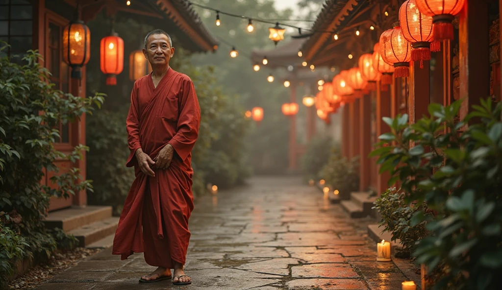 photo 1: Master Minh Tue đi bộ trong khuôn viên chùa ở Singapore
Cảnh chùa yên bình với những cây cối xanh tươi, small lanterns shining in a serene space. Master Minh Tue, in a handmade algae paste made from scraps of cloth, walking alone along the stone path in the temple grounds, morning light gently shines on the calm and contemplative face of Master.