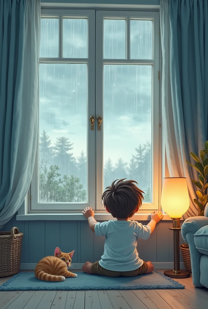 Here's a prompt based on the song:
"Create a playful and colorful illustration that captures the essence of a rainy day turning into a sunny one. The scene shows a cheerful child looking out of a window as the rain starts to clear. The rain clouds are parting, revealing a bright, sunny sky. The child is smiling, with a hand raised as if waving goodbye to the rain. In the background, toys and outdoor play equipment are ready for action once the rain stops. The atmosphere is light-hearted, with a feeling of anticipation and joy."