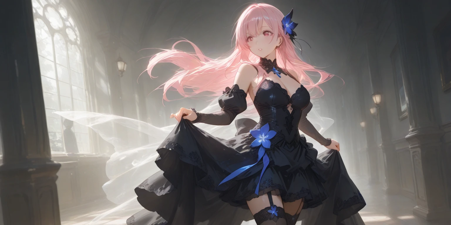 nsanely detailed, absurdres, ultra-highres, ultra-detailed, best quality, 1girl, solo, nice hands, perfect hands, BREAK (fusion of black mourning-dress and black wedding dress:1.2), (gothic dress:1.3), (light-blue and black theme:1.3), ((black mourning-veil, black see-through wedding-veil):1.5), ((black latex corset, light-blue breast-cup):1.4), (short puff-sleeve:1.3), ((white collar, tie-bow):1.3), ((ruffle-skirt, multilayer-skirt):1.4), ((stockings, garter belt):1.3), (see-through long gloves:1.3), (blue rose decoration on head:1.3), (high heels:1.1) BREAK seductive smile, closed mouth, standing, cowboy shot, BREAK slender, kawaii, perfect symmetrical face, ultra cute girl, ultra cute face, ultra detailed eyes, ultra detailed hair, ultra cute, ultra beautiful, BREAK (day, , the night,In the bedroom, cloud, panorama view, depth of field:1.3), BREAK small breasts, (cleavage:-1.5),A pink-haired,Mitsukasa Ayase