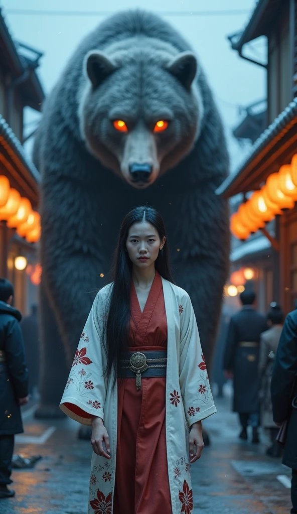 A powerful and mystical scene set in a narrow, traditional Japanese street at twilight. The atmosphere is cold and moody, cast in deep blue hues with soft ambient lighting. The buildings lining the street are adorned with glowing paper lanterns emitting a warm orange-yellow light, providing contrast to the cool tones of the environment.
In the center foreground, a solemn woman walks with calm determination. She wears a white kimono with delicate red floral patterns, layered with a crimson inner lining that subtly flutters as she moves. A wide, dark obi belt ties her silhouette together. Her long black hair flows freely down her back, decorated with understated floral ornaments. Her face is expressionless yet exudes strength, eyes downcast slightly as if in focus or meditation.
Towering behind her is a massive, supernatural bear with thick, black-blue fur shimmering in the cool light. Its piercing, molten-orange eyes glow with elemental fury. From its eyes, shoulders, and paws, faint sparks and streaks of ember-like fire flicker, making the creature appear forged from both ice and flame. The ground trembles slightly with each of its silent, heavy steps.
Around them, people stand aside in shadow or blur into the background, as if too stunned or fearful to react. The moment is both mythical and cinematic, portraying an ancient bond between woman and beast amidst a frozen silence.