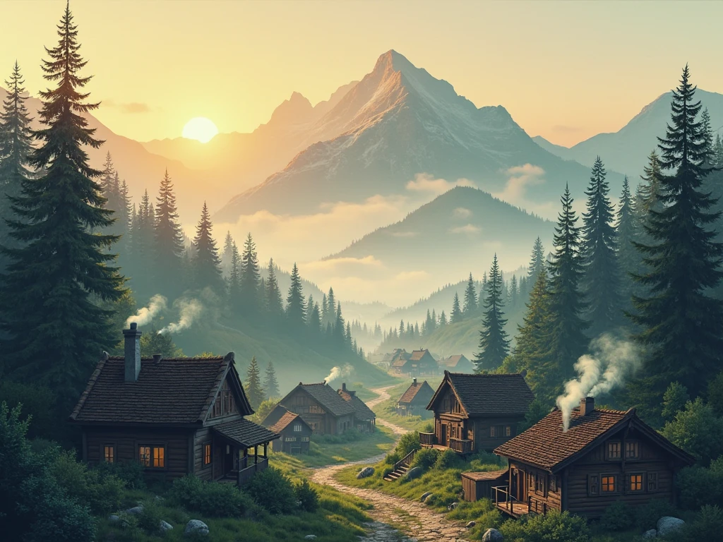 "Can you draw a foggy mountain village landscape at sunrise? Let wooden houses and trees be evident.