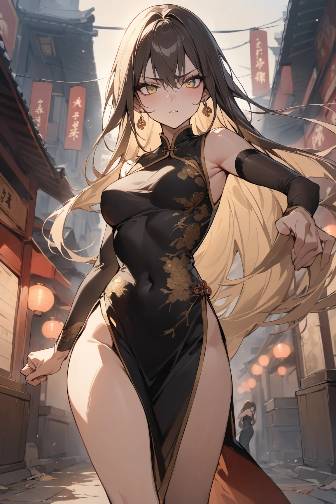 Impressive female portrait depicting a woman with long hair, Light blonde hair with lots of vibrant red highlights, cute, Very luxurious, Creates a unique two-tone effect, Long hair ponytail. Her big, Sharp, red, bloodshot eyes staring intensely, Lovely, Adds an unsettling yet seductive presence. Dressed formally, Her body is adorned with numerous intricate tattoos., Erect nipples,The face has a prominent moon design on it.. Full Body Shot, Cowboy Shot. Symmetrical female features and malevolence, A big smile conveys badness, Ominous attitude, In the Dark, Cityscape Background, With a mysterious dress, Gold ornaments,