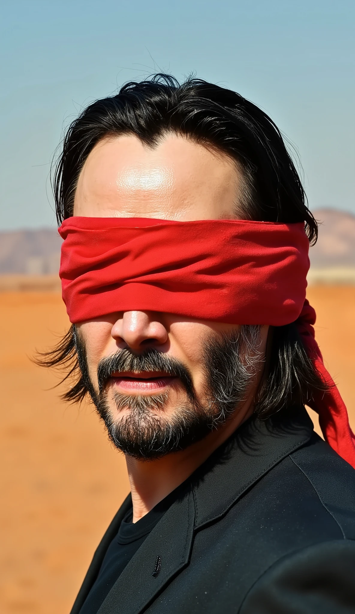 Keanu Reaves like Kenji, hyper realistic and bright image, with your eyes covered with a red cloth band, detailed and realistic textures a hyper realistic image close up upper body hyperdetailed textures the hyper realistic desert background with 8k textures