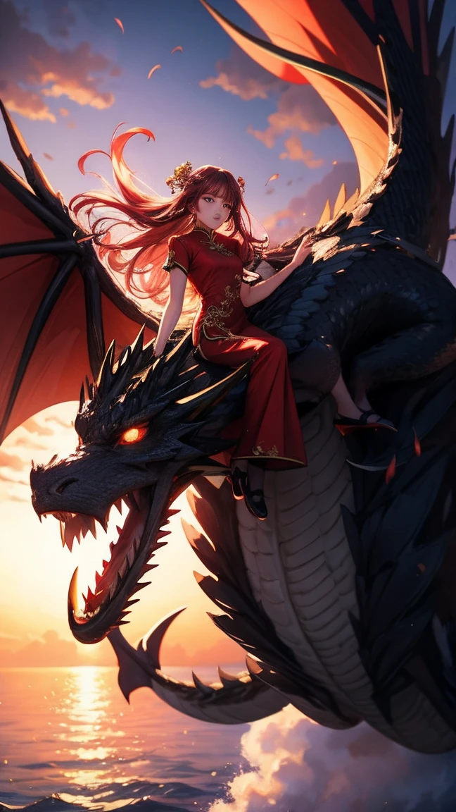anthro, duo, male/female, white body, ((male red dragon)), on back, female penetrated, female on top, hi res, detailed background, black sclera, deep penetration, cum inside, big red penis in pussy, ((photorealism)), by pino daeni, by hioshiru, masterpiece, digital painting, vibrant, gloomy, dynamic light, blue sky,