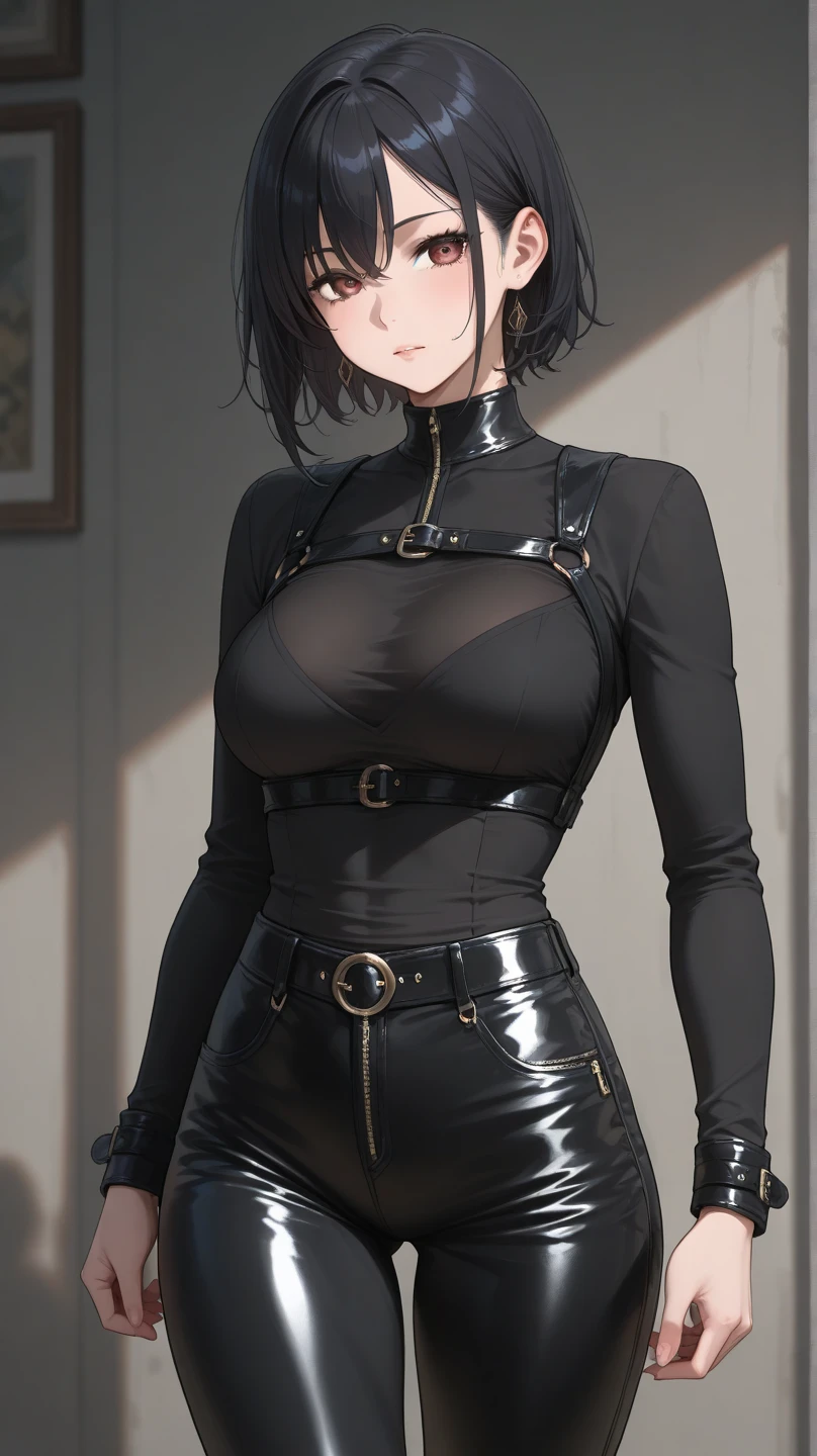 young girl, short black hair, Green eyes, black tight dress, Gold Elements, red elements, black eye shadow, Green lipstick, smirk, Masterpiece, hiquality
