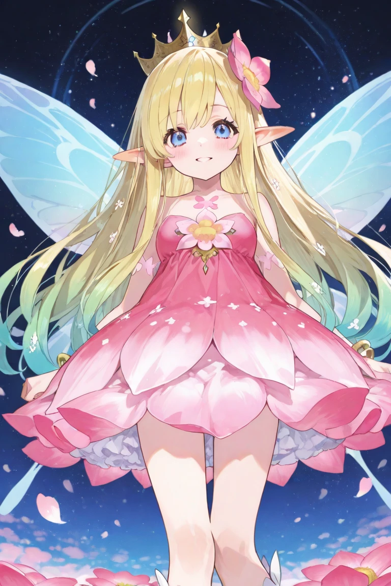 (masterpiece:1.3), best quality, expressive eyes, perfect face,1girl, ([Diamonds: 1.3|The eye]:1.2), pink magical girl outfit,(blonde hair),(green eyes),long hair,straight,(big breasts),full body,garden、cherry trees、(Hair drops:1.3) 、standing,(night:1.1).(starry sky:1.1),smiles,star magical wand,(fairy wings),flying