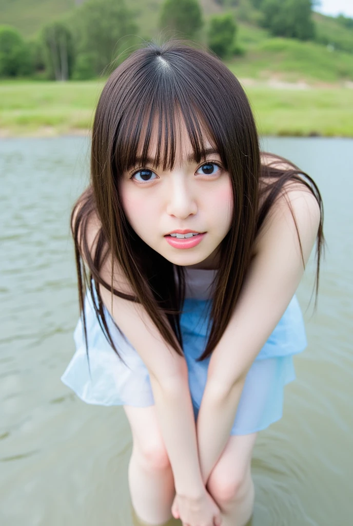 (Close up portrait of slender small-breasted dark silver long hair with swept bangs girl wearing a white summer dress:1.5)、(One girl is splaying with small smile in the clear stream and water fall at the forest in Japan:1.5)、(Summer beautiful blue sky and forest:1.5)、(blurred background:1.5)、(8k ultra detailed master piece:1.5)、(perfect anatomy:1.5)、(Photorealistic stick:1.5)、(Raw photo:1.3)、(highest quality:1.5)、(High resolution:1.3)、(Delicate and beautiful perfect face:1.3)、(Delicate and beautiful eye air skin:1.3)、(Real Human Skin:1.3)、((thin legs))