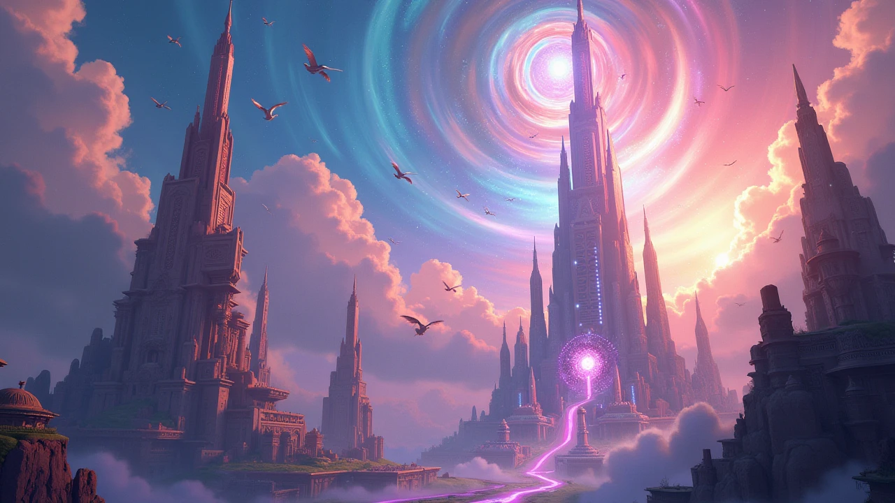 A futuristic divine city with tall mystical towers reaching into a vibrant cosmic sky, flocks of ethereal birds soaring through swirling colorful clouds, majestic and otherworldly fantasy atmosphere.