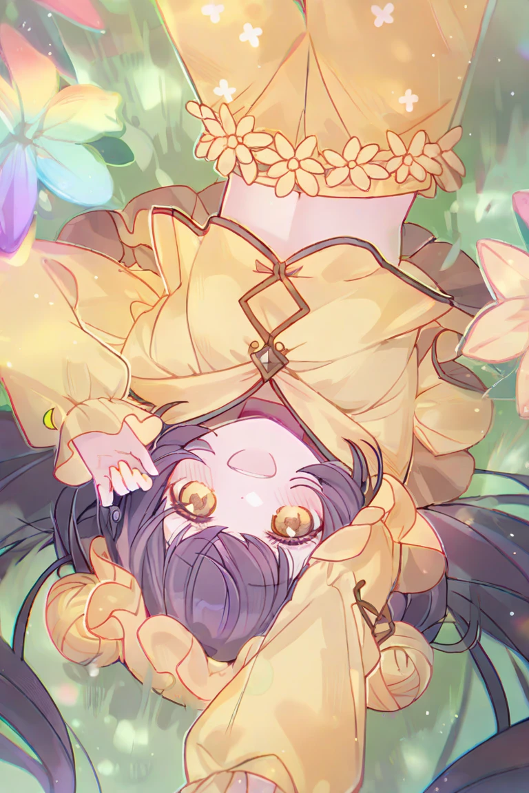 a young girl 15 ,, short wavy hair, platinum pink hair, iridescent eyes, very thin body , very small breasts, Wide hips, small waist , shining lips , (naked), , very small young woman and thin , on a peach branch, wreath made of cherry branches , surrounded by peach blossoms , flirtatious smile, eating a peach with semen
