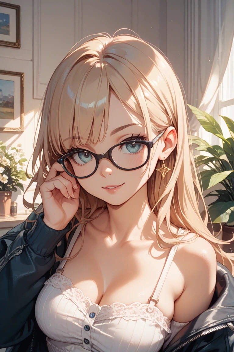 masterpiece), (portrait), medium breasts (aesthetics), ((1 19 year old girl)), ((long hair with fuzzy winter headdress)), ((punk brownish blonde hair)), wavy hair, thin and open eyes, blue eyes, cute round women's glasses, feminine, woman, feminine features, high quality, aesthetic clothing, professional angle, (rule of thirds), feminine features, solo, (attractive Korean woman), summer, (fog of ink), (afternoon), (vibrant light), seductive posture, ((face looking forward))), crop top with thin straps, long hip hop top, stylish and bold ((Energy)), (Bold makeup), (Average breasts), Tanned skin, (Clothes with Hop hip details), (Cropped top), (Beautiful neckline), beautiful body, beautiful eyes, bright eyes, seductive smile, beautiful mouth, beautiful lips, (best quality, ultra detailed, photorealistic: 1.39), bright and vibrant colors, studio lighting, romantic expression, seductive, seductive, watercolor wall background, wall with paint splashes