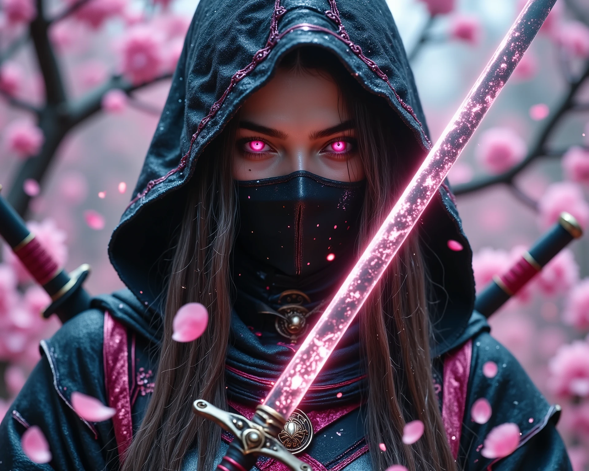 Full body potrait A veiled see through pale ninja princess with glowing eyes, wearing a black kimono with pink details, fighting figure potrait surrounded by different types of swords and sakura petals