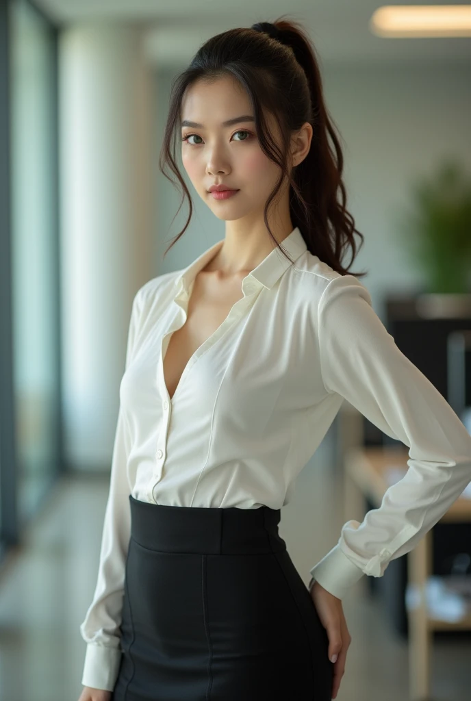 (ung girl), gentle face, (round eyes:1.2), (highly detailed face), smile, Amazing face and eyes, (flat chest), (Best Quality:1.4), (Ultra-detailed), (extremely detailed CG unified 8k wallpaper), Highly detailed, High-definition raw color photos, Professional Photography, Realistic portrait, Amazing face and eyes, Pink eyes, indoors, office, (office lady, Tight Skirt:1.3), (A moment of relaxation), model, depth of fields, (fine face:1.2),