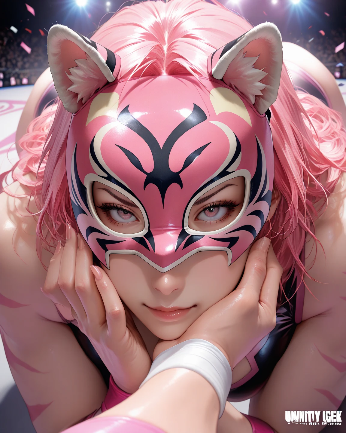 women's pro wrestling battle with rainbow pattern,Female Pro Wrestler Pink Tiger Mask vs. Black Tiger Mask,Black Tiger Mask Stings Fingernails on Pink Tiger Mask Cover from behind Black Tiger Mask,Pink Tiger Mask Mask Ripped by Fingernails,I can see the real face of the pink tiger mask,Disgusting pink tiger mask,pink tiger mask that desperately resists,dead or alive,masterpiece, Unity 8k wallpaper, Photorealistic, detailed face, 