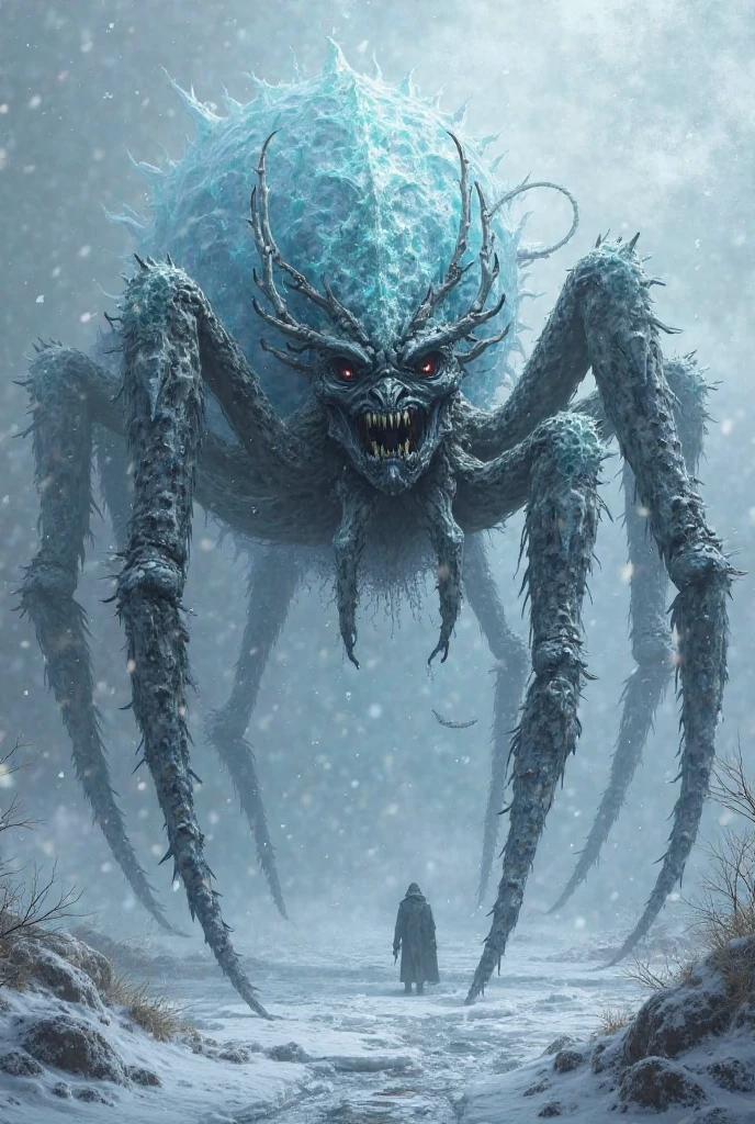 Cthulhu terror,mythical creature,snowstorm,snowy forest,red eyes,menacing appearance,Itakua,the Old Dominator,fantasy,digital art,blizzard conditions,snow-covered trees,heavy snow,low visibility,strong winds,winter,eerie atmosphere,supernatural being,large figure,creature in natural habitat,cold climate,cthulhu mythos,lovecraftian horror,<lora:kesulu-10:0.6>,