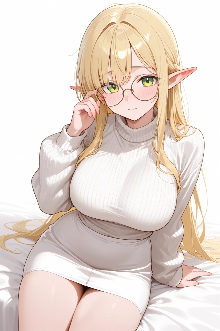 Highest quality、White background、One girl、(((((Lori)))))、(((child)))、Young、(((he is short)))、yandere face、((BREAK Light yellow straight hair))、(((Are thin)))、Yellow Eyes、Round Glasses、White T-shirt、((((Too big breasts))))、(((Too big)))