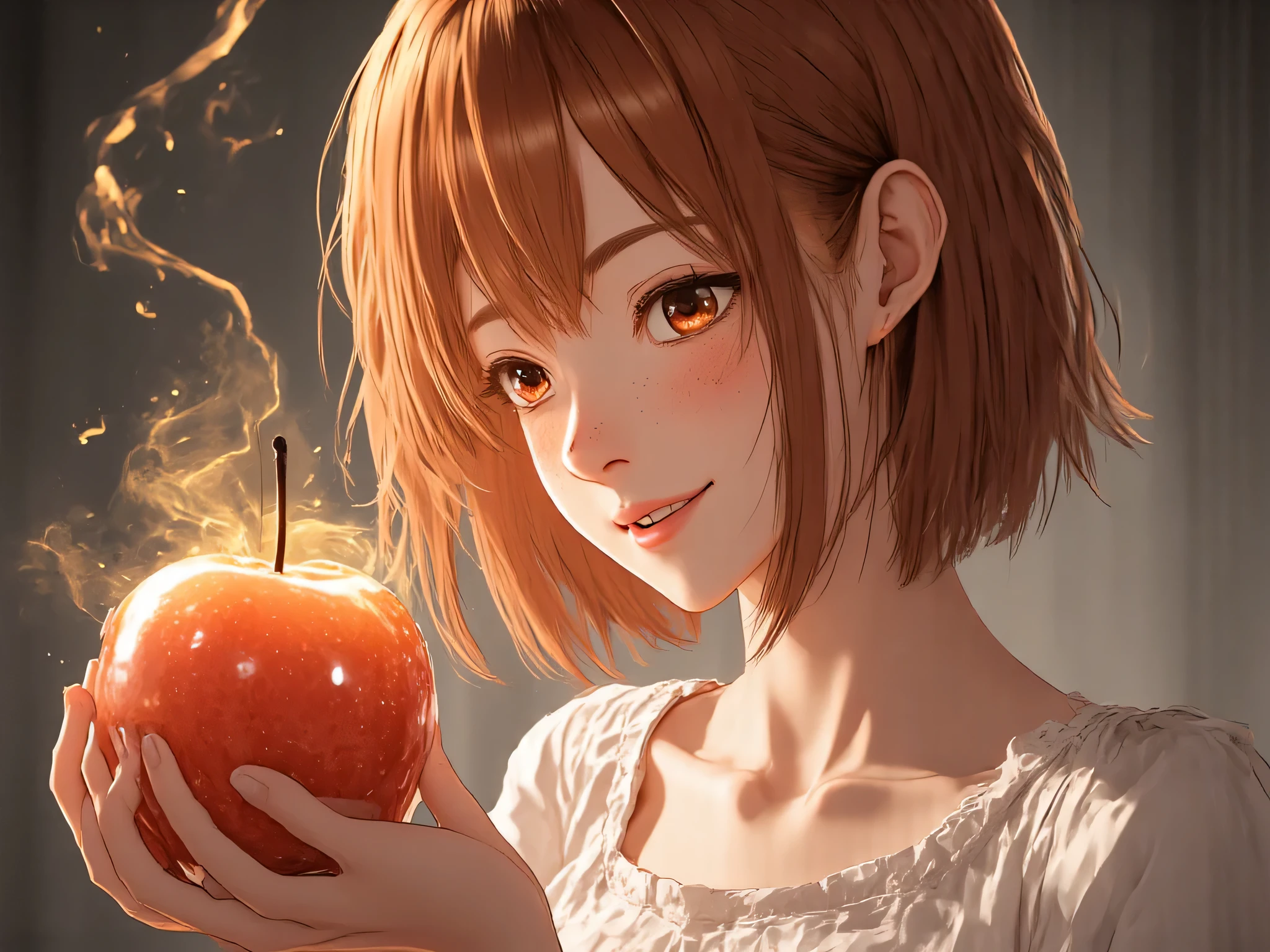   pretty girl , Very beautiful, Beautiful like an angel, , Young face,  face down, , bow your head down, Look at the fruit in the hand, , gasp, magic apple fruit, There are golden lightning sparkles around the fruit, notched on the beautiful fruit, . Fruits have golden auroras protruding from the joint., Fruit has straight transverse angular wrinkles, Medium Cut hairstyles, Full body model,  flat chest ,  Very beautiful, orange hair, orange hairๆ, orange hair, ย้อมorange hair, My hair is very short., short hair, earlobes, ผิวVery white, Very white, beautiful, Wear a white princess dress,  images , very detailed, high quality walkers ,  อนิเมะเป็นimages,  whole image,  แสงเงาimages, It's shiny., Japanese style, angle, Stagnant,  japanese, White skin, top body model, flux realistic, thin,  face down, images,  whole image, Masterpiece,movies,resolution 8k, clear details, desert background, daytime, Standing on a shallow pool, Reflective Water, top view.