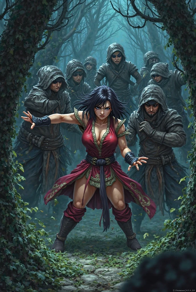 Maam from Dragon Quest Dai no Daibouken, a female martial artist, being overpowered by a group of evil human bandits, dark forest setting, intense struggle, dramatic lighting, detailed anime style
