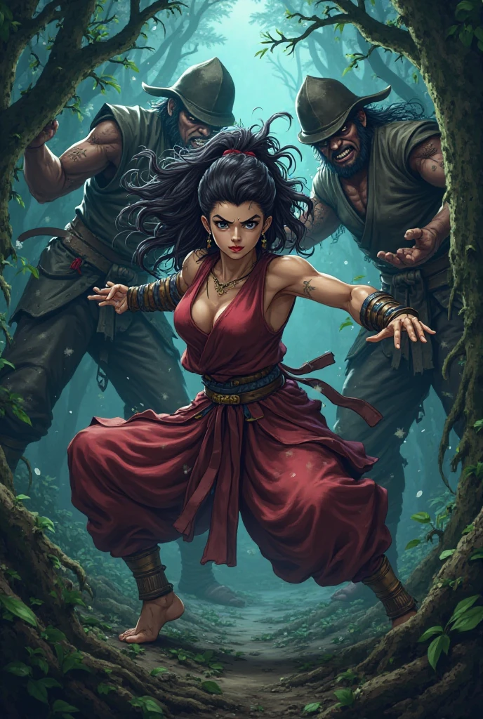 Maam from Dragon Quest Dai no Daibouken, a female martial artist, being overpowered by a group of evil human bandits, dark forest setting, intense struggle, dramatic lighting, detailed anime style