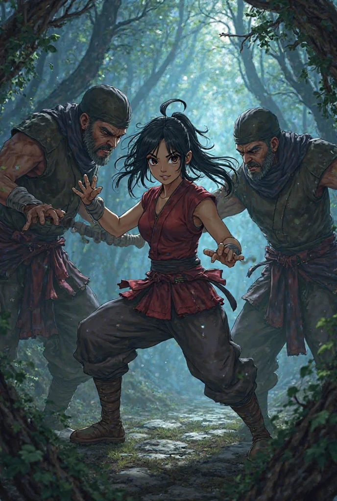 Maam from Dragon Quest Dai no Daibouken, a female martial artist, being overpowered by a group of evil human bandits, dark forest setting, intense struggle, dramatic lighting, detailed anime style