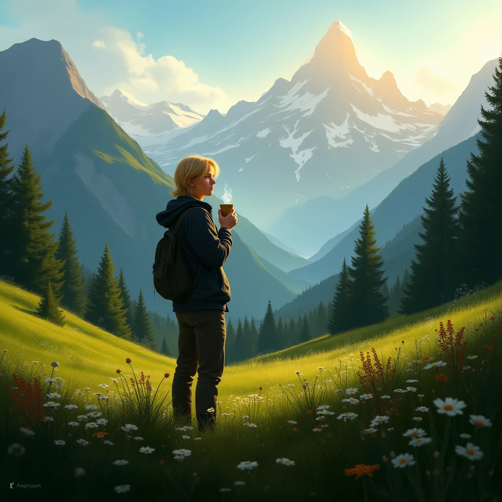 Blond young man standing with a cup of coffee on the fields in the alps, sunrise
