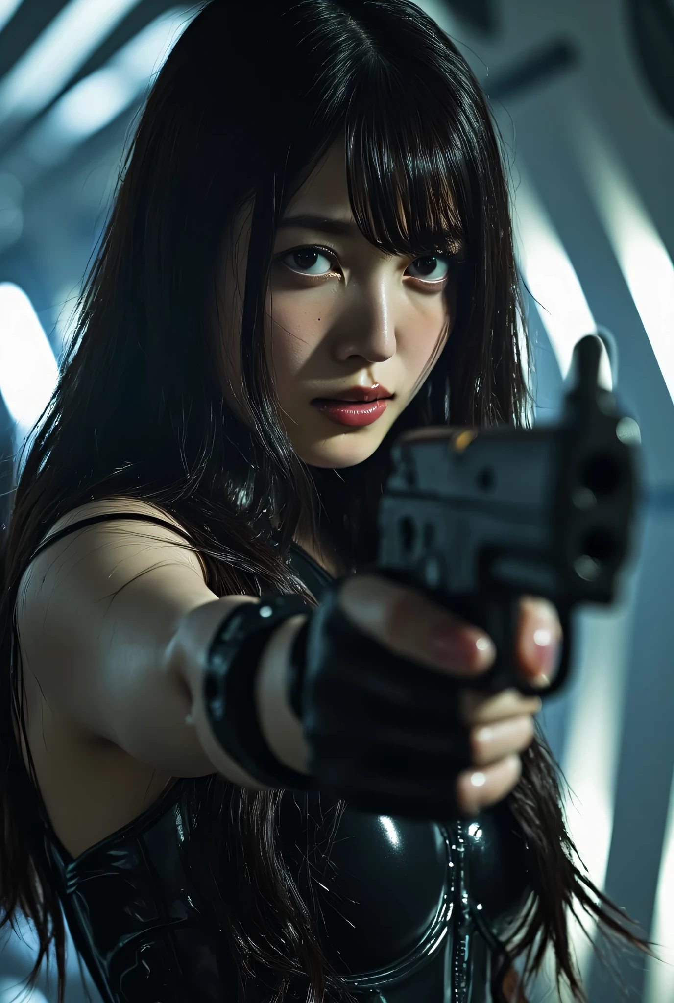(((inside the dark spaceship Nostromo:2.0))),(((HR Gigger style cyberpunk atmosphere:2.0))),(((hold a cyberpunk-style laser gun:2.0))),(( pointing a muzzle at the viewer :2.0)),standing,((full body:2.0)),one woman,(cute face:2.0),(Beautiful well-balanced face :2.0),((long hair with bangs:2.0)),(black hair:1.5),(Beautiful Eyes:1.3),glamorous shot of a 20-year-old Japanese woman,Beautiful slender body,((model body type:2.0)),((slim body:1.7)),Perfect Body Line,ideal proportions,((small breasts:2.0)),((Three sizes 84-55-85:2.0)),((B-cup breasts:1.5)),beautiful breasts,Bare thighs,Sensual Thighs,delicate body,(muscular:1.7),harmonious posture,((Realistic breast depiction :1.7)),Carefully Depicting Limbs Based on Perfect Anatomy,((futuristic black super high leg leotard:1.5)),((Fitted Latex Super Hi-Leg Leotard:2.0)),(((Super high leg hot pants made of denim fabric:2.0))),(ear monitor:1.5),((Tactical Holster:1.5)),((((Coarse mesh fishnet stockings:2.0)))),concept art,(top quality:1.5),(masterpiece:1.5),(超高resolution),resolution,UHD,(delicate depiction), carefully drawn with butterfly wings ,32k,((realistic skin texture:1.5)),(((super realistic:1.5))),carefully draw eyelashes,highly detailed face,Highly detailed female hand, Sexy appearance ,Extremely Sensual,(Blurry Dim Backgrounds :1.5),Professional Photography,(movie lights:2.0),((Blade Runner style lighting:2.0))