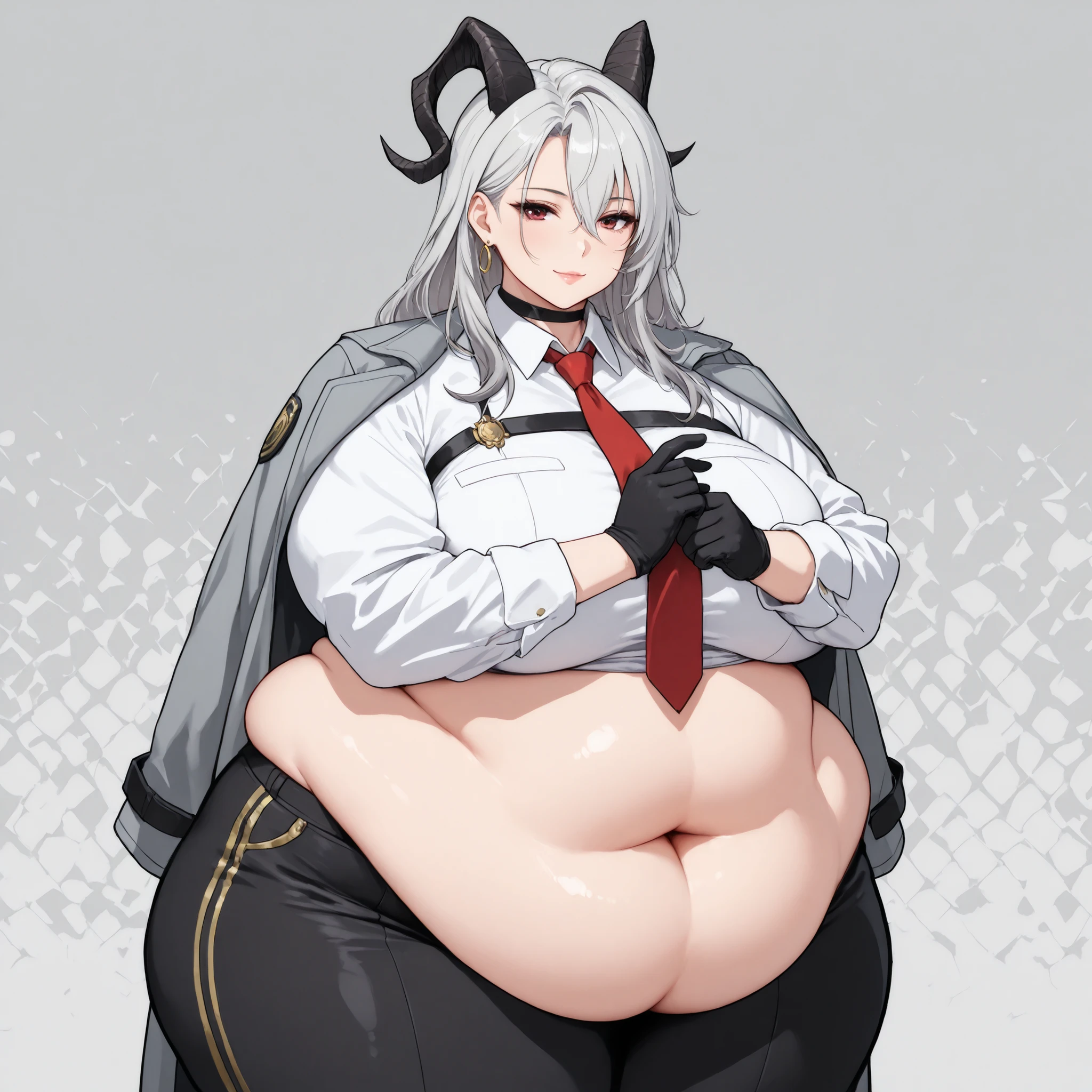 best quality, very aesthetic, intricate details, 1 woman, Mature female, 1girl, solo, mature female, smiling, closed mouth ,1girl, solo, mature female, masterpiece, best quality, solo, 1girl, z4ni, expressionless, looking at viewer, standing, adjusting gloves, long hair, multicolored hair, grey hair, hair between eyes, goat horns, demon horns, red eyes, grey coat, coat on shoulders, white shirt, collared shirt, red necktie, long sleeves, black gloves, black pants, earrings, black choker, large breasts, grey background, abstract background, adult female , mature female, whole body, chubby, chubby girl, curvy, large breasts, lips, plump, thick thighs, thighs, (((oversized gigantic stomach)), curvy, large breasts, lips, plump, thick thighs, thigh, immobile