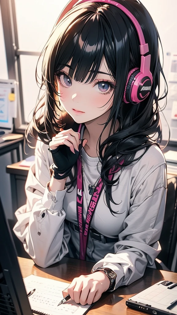 An anime girl is writing while sitting at her desk and wearing headphones, Anime Style 4 k, Digital Animated Illustration , digital animation art , Anime Style. 8k, Anime Moe Art Style, anime art wallpaper 4k , anime art wallpaper 4k, Anime Style illustration, Smooth Anime CG Art , detailed digital animation art , Anime Art Wallpaper 8K , realistic anime 3D style
