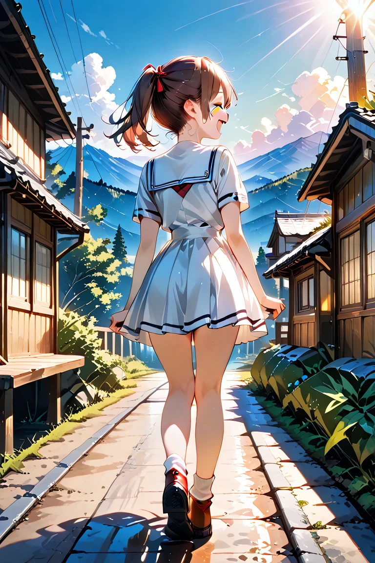 masterpiece, best quality, ultra-detailed, high resolution

(two anime schoolgirls), smiling, walking together, entering school gate,
same school uniform: white sleeveless sailor mini one-piece dress, red necktie, see-through underwear, short socks, brown loafers  
both with brown hair: one in ponytail, one in short straight hair,  
soft morning light, cherry blossoms in the air, other students in background, cheerful atmosphere,(from behind), from behind,
