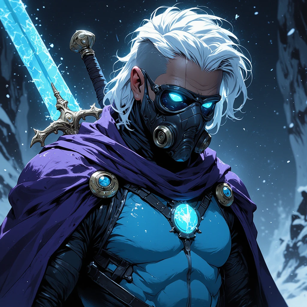 Mr freeze, with a long white undercut, facing the camera, wearing a gas mask, wearing black welder goggles with blue lenses, wearing dark purple cloak, in light blue armor, posing with an iced sword behind the back, in battle, in a dark snow galaxy night
