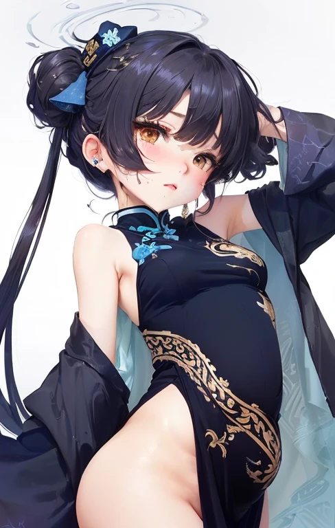 chinese bun black short hair,bun cover,_((dress lift Transparent see-through china dress)), long dress,tight mini skirt, gold decoration dress, sleeveless, ultra detailed dress,cleavage, cleavage cutout, clothing cutout,,((NSFW)) ((hentai))Long black hair ((Toddler girl)) ((5 years old))((Small breasts))((crop top navel))