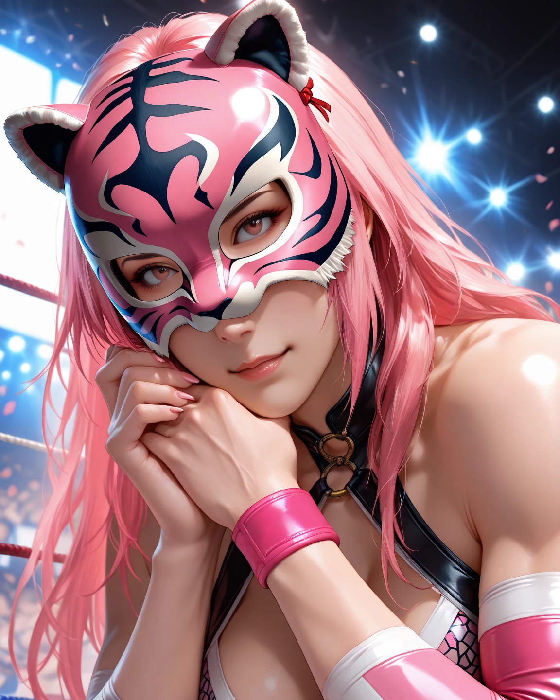women's pro wrestling battle with rainbow pattern,Female Pro Wrestler Pink Tiger Mask vs. Black Tiger Mask,black tiger mask sticks nails to pink tiger mask cover from behind black tiger mask,Pink Tiger Mask Mask Ripped by Fingernails,I can see the real face of the pink tiger mask,Disgusting pink tiger mask,pink tiger mask that desperately resists,dead or alive,masterpiece, Unity 8k wallpaper, Photorealistic, detailed face, 