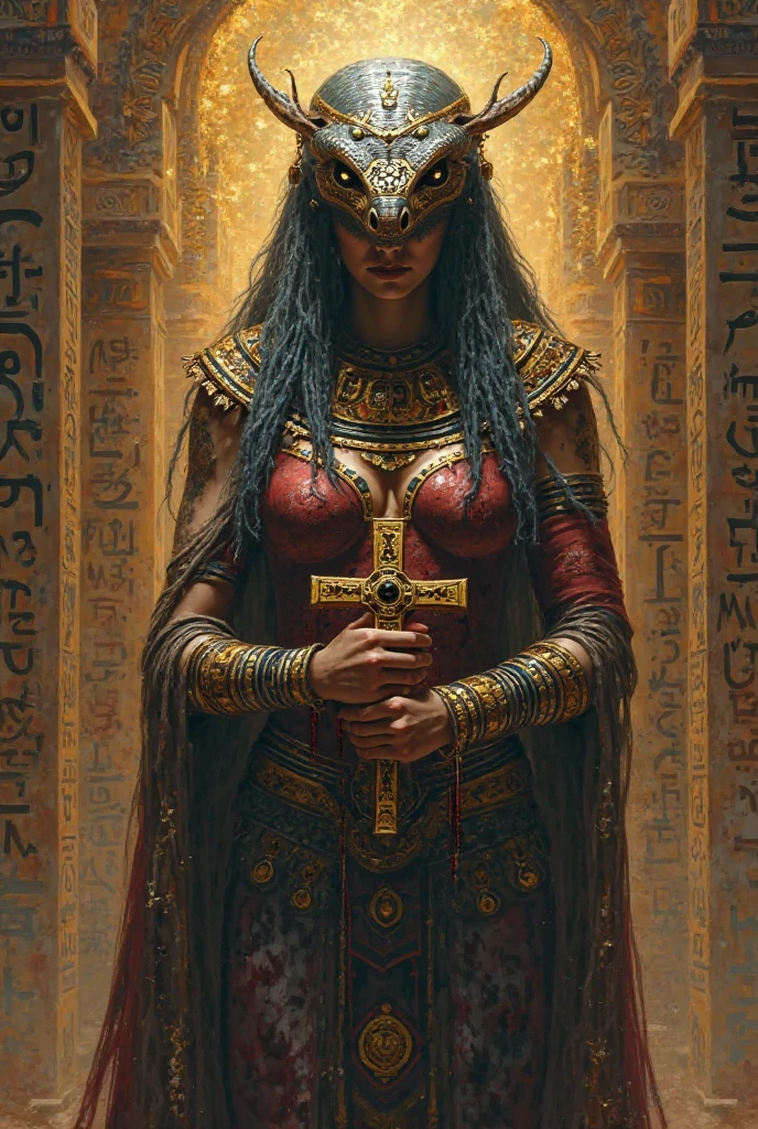 Make me a picture of Neith with a snake head. Blood runs down the arm and in the other is an Egyptian cross that is filled with blood